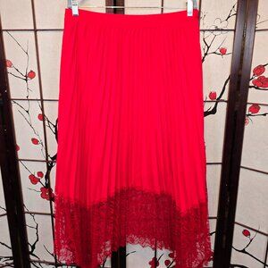 Red lace edge calf length asymetrical skirt